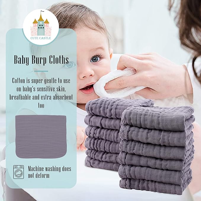 Cute Castle 24 Pack Muslin Burp Cloths for Baby - Ultra-Soft 100% Cotton Baby Washcloths - Large 20'' by 10'' Super Absorbent Milk Spit Up Rags - Burpy Cloths for Unisex, Boy, Girl - Grey