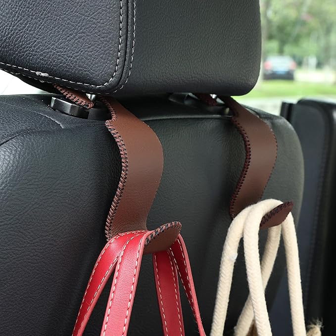 Amooca Car Seat Headrest Hook Universal Vehicle Storage Hanger Leather with Metal Car Seat Back Organizer for Handbag Purse Coat Brown 4 Pack