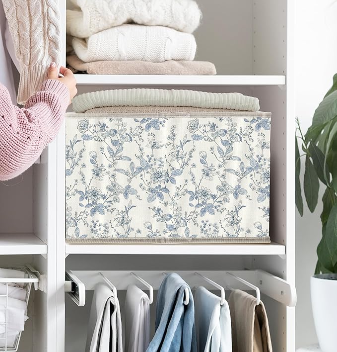 FDHSPAAM Blue and White Chinoiserie Storage Bins Box with Handles, Grandmillennial Flower Plant Botanical Collapsible Fabric Storage Basket Box Organizer for Bedroom Bathroom Clothes Toys Books