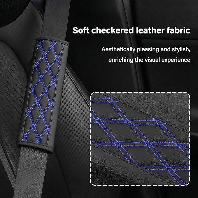 2PCS Car Seat Belt Cover Pads,Leather Seatbelt Covers Protect Shoulder and Neck Car Accessories Interior,Universal Car Seat Strap Pads Car Decorations for Most Cars Trucks (Black/Blue)