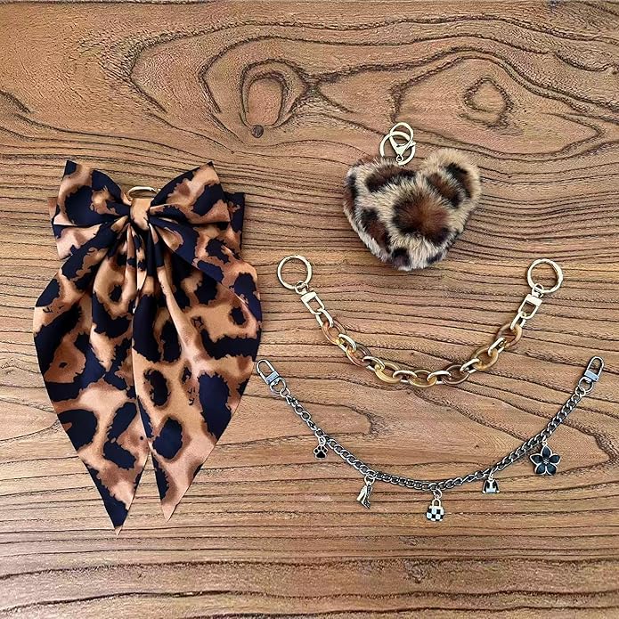 CuddleJunk Bag Charms for Tote Bags, Satin Bow Keychain Kit Accessories for Yeti Camino, Fluffy Ball Gold Chains Charms for Women Purse Beach Handbag
