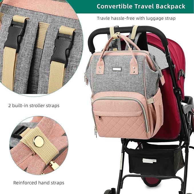 GAIVP Diaper Bag Backpack, Diaper Bags for Baby Girls Boys, Baby Bags for Moms Dads, Nappy Changing Bag with Insulated Pockets,Multi-functional Waterproof Backpack with Stroller straps-Pink