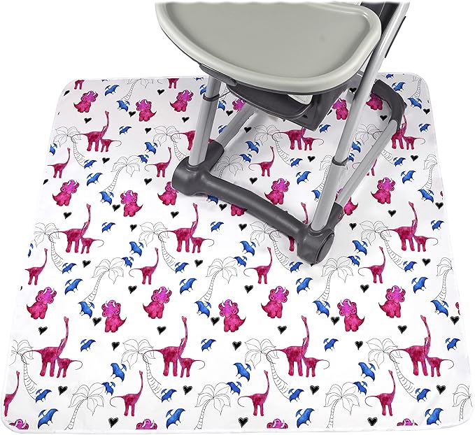 JumpOff Jo - Large Baby Splat Mat for Under High Chair, Booster Seat, Tabletop, Food Catcher - Protect Floor and Carpet from Spills & Crafts - Waterproof and Washable (Pink Dinosaur)