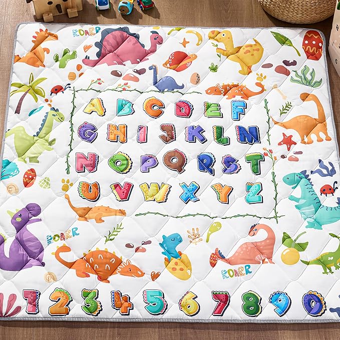Baby Play Mat for Floor - MORAIS 50x50 Inch with 800g Cotton Filling Thickened Crawling Mat for Playpen, Cushioned Playpen Mat with Anti-Slip Bottom and Animal Alphabet (Dinosaur Land)