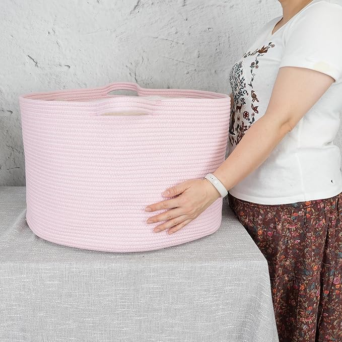 XUANGUO Large Cotton Rope Basket Blankets Basket Living Room 22"x14" Toy Baskets for Kids and Dogs Rope Storage Baskets for Nursery Woven Laundry Baskets for Clothes Towels Baby Toy Storage Round pink