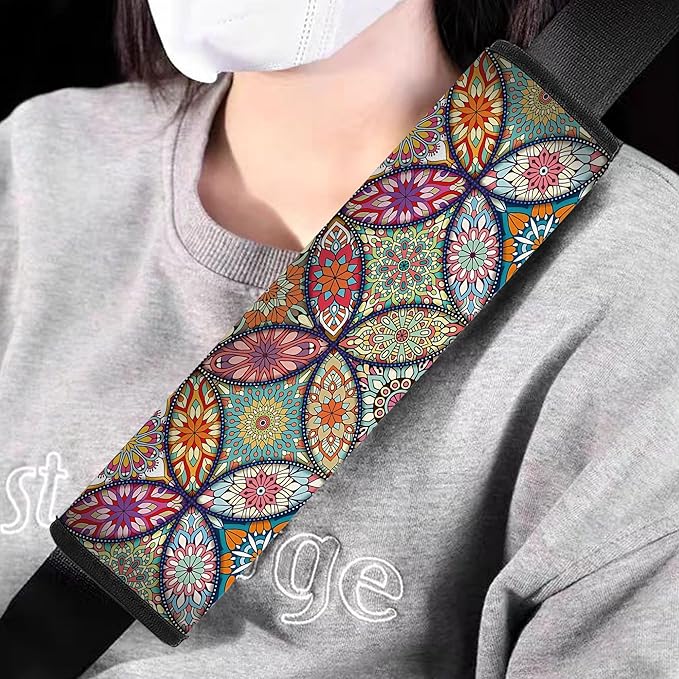 Mokiwala Car Seat Belt Pad Cover, 4-Pack Soft Car Safety Seat Belt Strap Shoulder Pad for Adults and Children, Suitable for Car Seat Belt, Backpack, Shoulder Bag(Pretty Mandala)