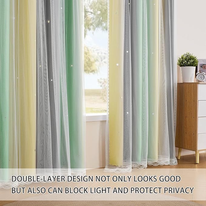 XiDi Grey Green Yellow Curtains for Girls Bedroom Decor Kids Blackout Curtains for Nursery Room Darkening Rainbow Princess Unicorn Wall Decals Little Girl 52x45 Inches Long 2 Panels Set