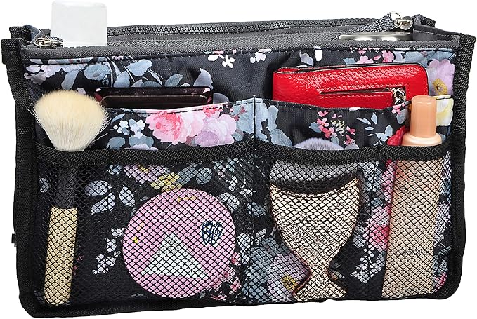 Vercord Purse Organizer Insert for Handbags Bag Organizers Inside Tote Pocketbook Women Nurse Nylon 13 Pockets Peony Flowers Medium