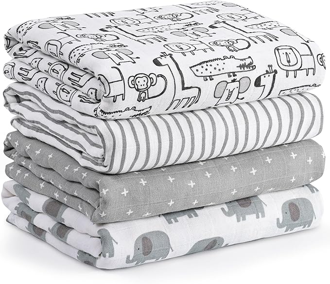 Muslin Swaddle Blankets for Newborn, 4 Pack Cotton Baby Blankets, Large 31.5 x 43.3 inch Breathable Soft Receiving Blanket, Essentials Swaddle Wrap Burping Clothes, Grey Animals