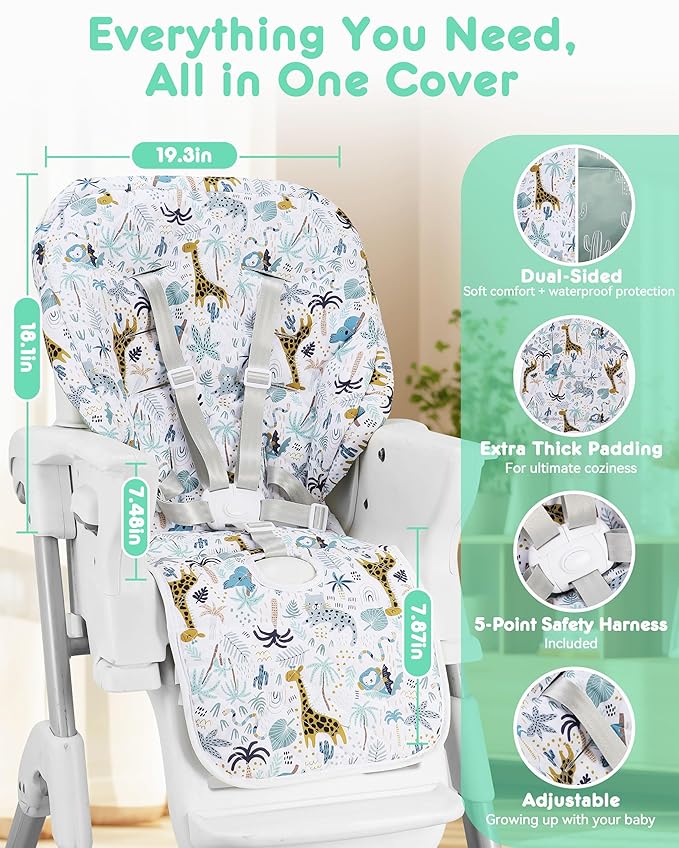 Baby High Chair Cover 2-in-1 Reversible, Includes 5-Point Harness Strap, Waterproof & Soft Dual-Side High Chair Pad Cushion, Machine Washable, Extra Thick Highchair Protector - Green