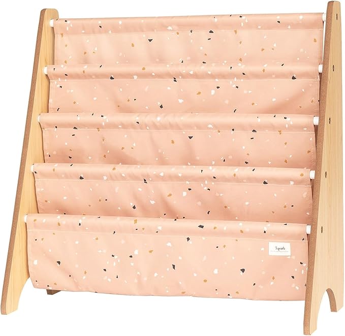 3 Sprouts Recycled Fabric Kids Bookshelf – 4-Tier Sling Book Rack Organizer - Nursery Room Playroom Classroom Wooden Book Shelves - Kid Bookcase Wood Storage Shelf for Toddler Age 3+ - Terrazzo Clay