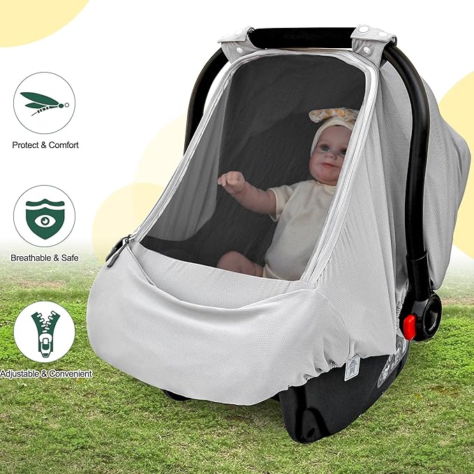 Baby Car Seat Cover,Sunproof Car Seat Canopy for Babies, Extra Large Mesh Window Baby Car Seat Sun Shade Cover,Infant Carseat Covers for Summer/Autumn Use(Gray)