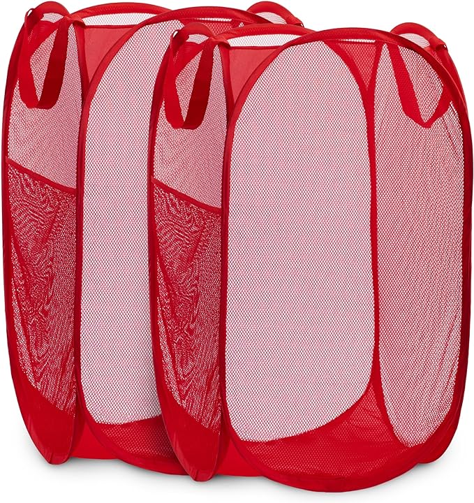 Handy Laundry Collapsible Mesh Pop Up Laundry Hamper 2-Pack – Space-Saving, Breathable Basket with Wide Opening & Side Pocket, Durable & Foldable for Clothes, Storage, Travel, Dorm, Red