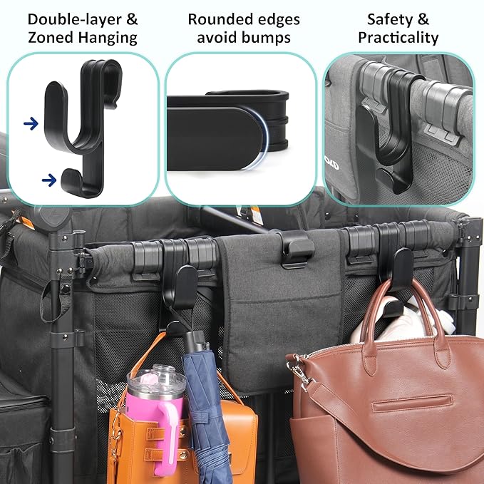 Stroller Hooks for Wonderfold Wagon W2&W4, Double-Layer Multipurpose Side Hook, Space-Saving for Hanging Balance Bikes & Everything, Durable Plastic Wagon Accessories, 40kg Sturdy Load-Bearing (4PCS)