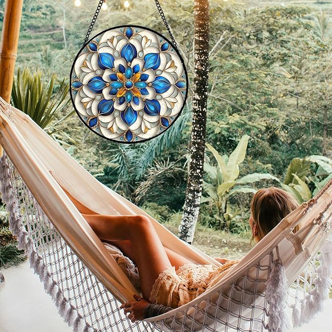 JOSUMALY Stained Glass Window Hanging - Blue and White Abstract Flowers Suncatcher for Door Terrace Garden Home Decor, Gold Sun Catcher Birthday Gifts for Lovers Women Men Dad Mom Nana 6.3 in