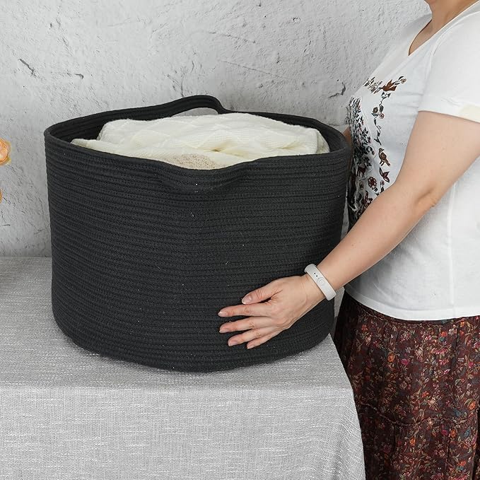 XUANGUO Large Cotton Rope Basket Blankets Basket Living Room 22"x14" Toy Baskets for Kids and Dogs Rope Storage Baskets for Nursery Woven Laundry Baskets for Clothes Towels round black