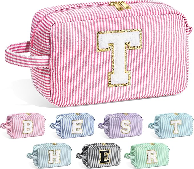 YOOLIFE Teacher Appreciation Gifts for Women - Initial Makeup Bag Letter Toiletry Pouch Cosmetic Case, Personalized Birthday Gifts for Women Girls Mom Daughter Sister Friends, Pink T