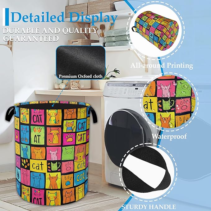 Cute Colorful Cat Laundry Basket Collapsible Laundry Hamper, Oxford Cloth Storage Bin for Room/Bathroom/Bedroom/Dormitories 16" X 20.8"