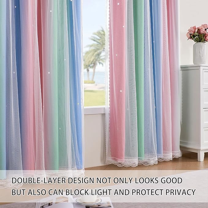 XiDi Girls Curtains for Bedroom 63 Inches Long 2 Panels Pink Green Blue Rainbow Blackout Curtains for Little Girl Kids Room Decor Living Room, Princess Unicorn Wall Decals Drapes 52x63