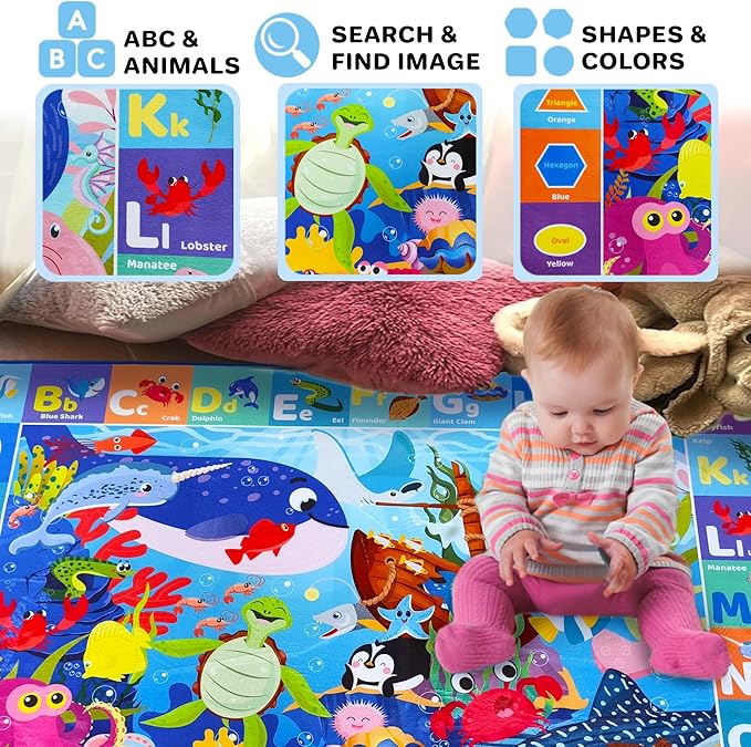 QUOKKA Baby Mat for Floor Play for Babies 6-12 Months – Super Soft Baby Floor Play Mat for Toddlers 1-3 – ABC Ocean Large Thick Plush Rug for Nursery – Padded Foldable Activity Infant Playroom Carpet
