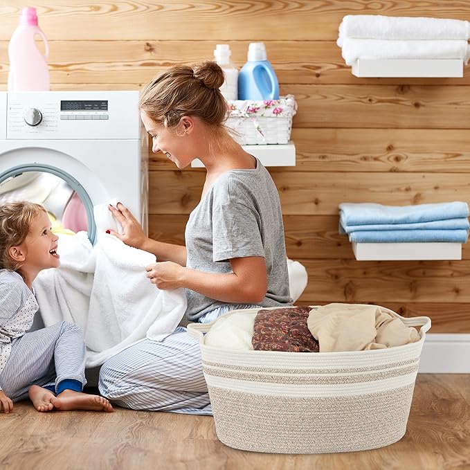 Large Rectangle Blankets Basket Living Room 22"x17"x12" Woven Cotton Rope Storage Baskets for Nursery Toy Baskets for Kids Wicker Laundry Basket Bin for Clothes Towels white brown