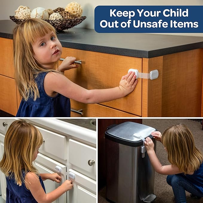 8-Pack Child Safety Cabinet Locks - Adjustable Child Cabinet Locks with 3M Adhesives - White and Clear Baby Locks for Cabinets and Drawers, and More - Easy to Install Baby Proofing Cabinets by Wittle