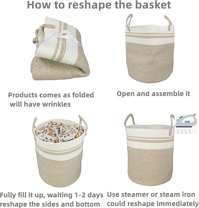 Cotton Rope Laundry Basket Hamper for Clothes Woven Storage Basket for Living Room Bedroom Boho Tall Rope Baskets for Blanket Toys Pillow Towels Baby Nursery Hamper Bin Large brown and white