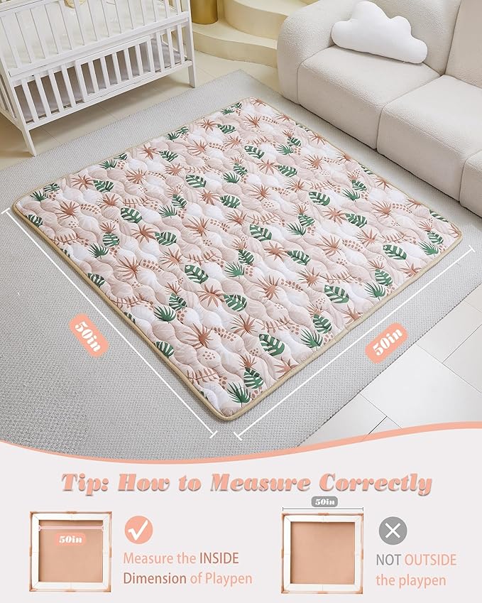 Viviland Baby Mats for Floor, 50x50 Inch Playpen Mat, Thick Cushioning Padding Playmat for Baby and Toddlers Infants, Non-Slip & Machine Washable, Green Leave