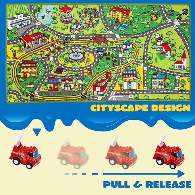 JOYIN Carpet Playmat w/ 12 Cars Pull-Back Vehicle Set for Kids Age 3+, Jumbo Play Room Rug, City Pretending Play
