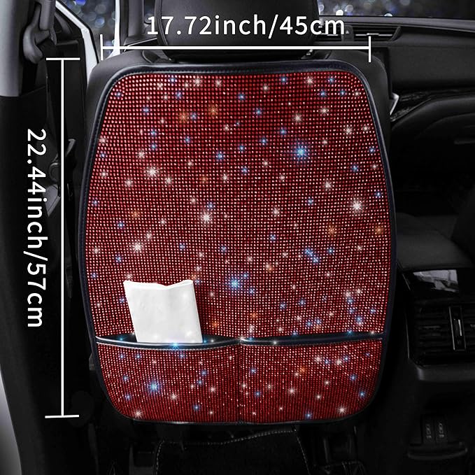 Luxury Bling Car Seat Back Protectors with Pockets – Sparkling Rhinestone Kick Mats, Universal Fit PU Leather Back Seat Covers for SUV Leather Seats, Diamond Protectors for Girls Red 2pcs