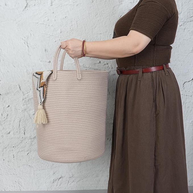 XUANGUO Cotton Rope Laundry Basket Hamper for Clothes Woven Storage Basket for Living Room Bedroom Boho Tall Rope Baskets for Blanket Toys Pillow Towels Baby Nursery Hamper Bin Konjac
