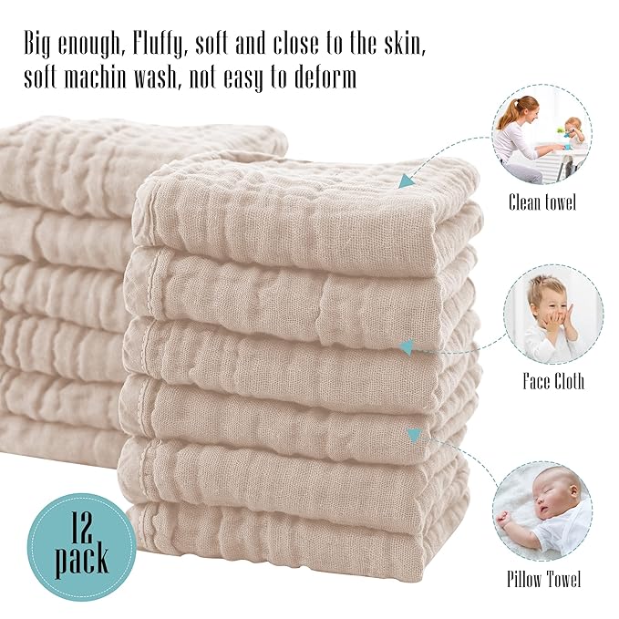 Cute Castle 24 Pack Muslin Burp Cloths for Baby - Ultra-Soft 100% Cotton Baby Washcloths - Large 20'' by 10'' Super Absorbent Milk Spit Up Rags - Burpy Cloths for Unisex, Boy, Girl - Brown