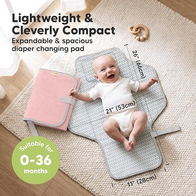 KeaBabies Portable Changing Pad for Baby, Travel – 26 x 21 Wipeable, Waterproof, Foldable Baby Diaper Changing Mat for Diaper Bag, Caddy, Car, Bed, Newborn, Compact Changer Mat Station (Sweet Pink)
