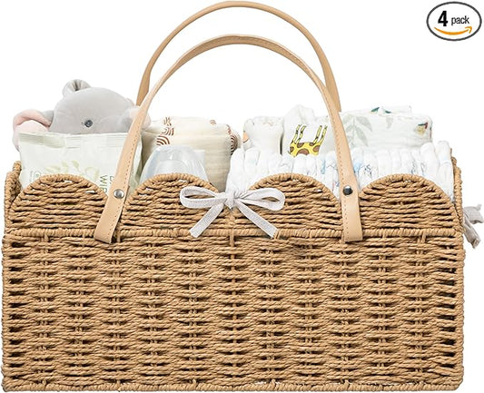 HBlife Large Baby Diaper Caddy, Paper Rope Scalloped Storage Baskets Nursery Bin with Removable Divider, Portable Car Organizer for Diapers, Baby Shower Gifts, Newborn Essentials Must Haves, Brown