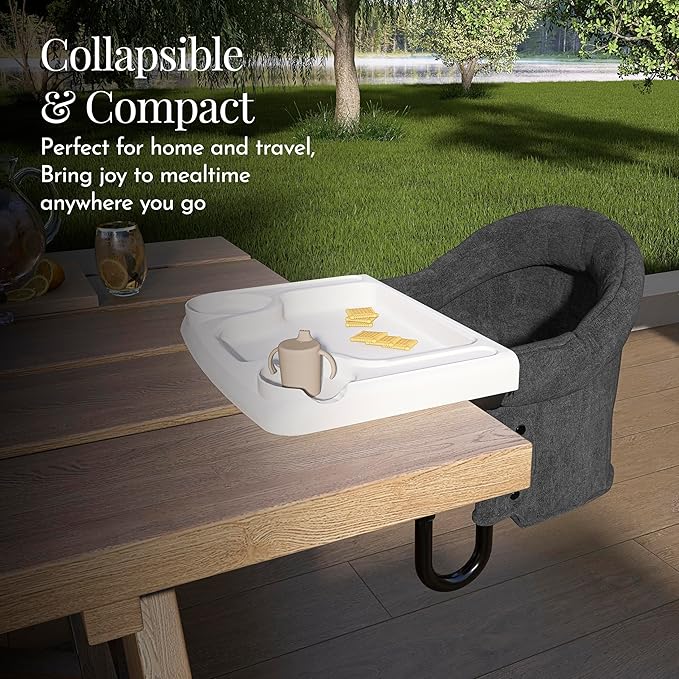 Evolur Clamp-On Comfort Table Chair, Portable Clip-On High Chair for Babies & Toddlers (6–36 Months), Removable Washable Seat Cover, Dishwasher-Safe Tray, Foldable Design with Carry Bag – Black