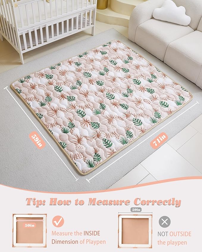 Viviland Baby Mats for Floor, 71x59 Inch Playpen Mat, Thicker & Large Soft Cushioning Padding Playmat for Baby and Toddlers Infants, Non-Slip & Machine Washable, Green Leave