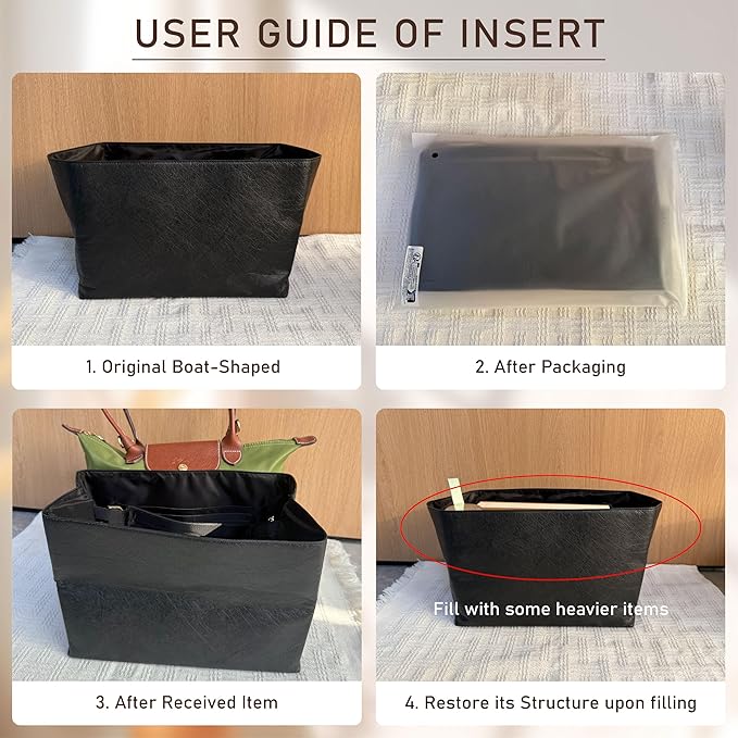 Doxo Tote Bag Organizer Insert Compatible with Long Champ Medium, G.oyard PM, Neverfull MM and More, Light Waterproof DupontPaper le pliage Longchamp Medium Organizer Insert(Black, M)