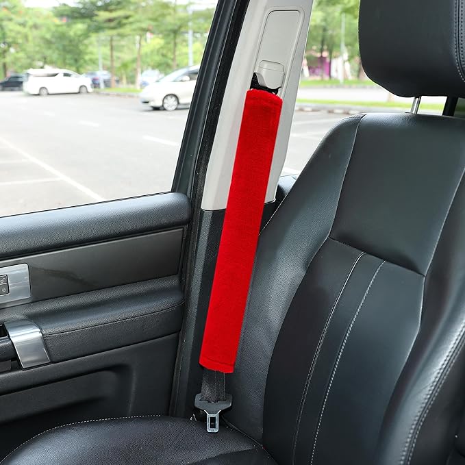 Amooca Soft Faux Fur Universal Fit Seatbelt Cover Car Truck SUV Airplane Seat Belt Shoulder Pad for Carmera Backpack Straps Neck Cushion Protector Extra Long 19.7in Red