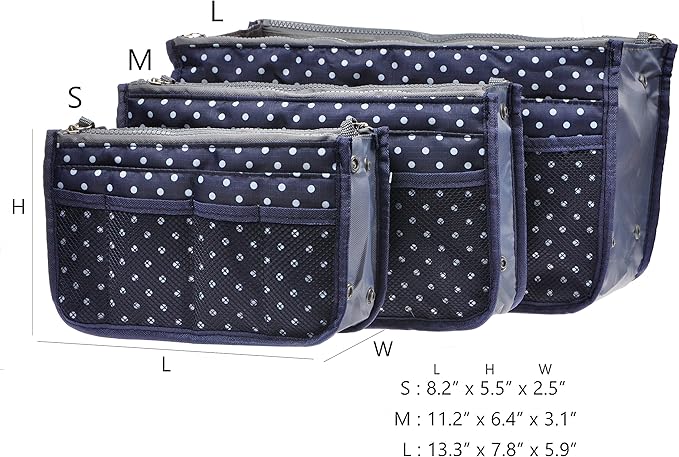 Vercord Purse Organizer Insert for Handbags Bag Organizers Inside Tote Pocketbook Women Nurse Nylon 13 Pockets Navy Blue Dot Large