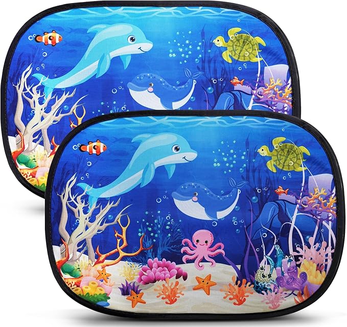 ABSOFINE Car Window Sun Shades for Baby Kids 2 Pack 19"x14", Ocean World Window Shades Sun Blocker Cover, Baby Car Shades for Back Windows with 8 Suction Cups and Storage Bag, Anti Glare & UV