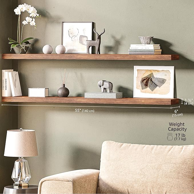 Ballucci Floating Shelves, 55" Wood Wall Shelf Set of 2, with Invisible Brackets for Bathroom, Living Room, Bedroom, Kitchen, Nursery, 6" Deep, Rustic Brown