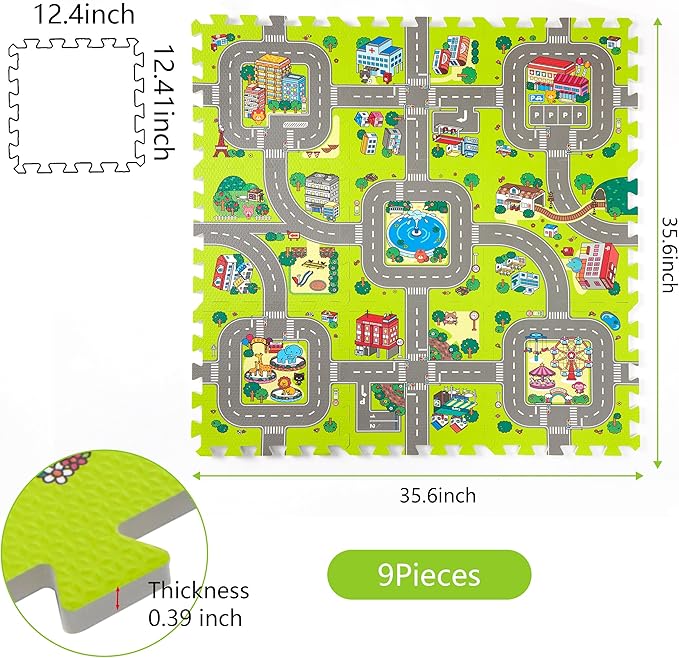 PLAY 10 Baby Play Mats for Floor, Foam Play Mat, Interlocking Foam Tiles City Road Track Puzzle Mat 9 Pieces