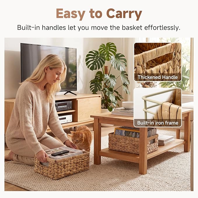 StorageWorks Rectangle Wicker Baskets for Organizing, Decorative Basket, Water Hyacinth Baskets with Handles, Wicker Storage Baskets for Shelves, 2-Pack, 13" L x 8¼"W x 4¾"H