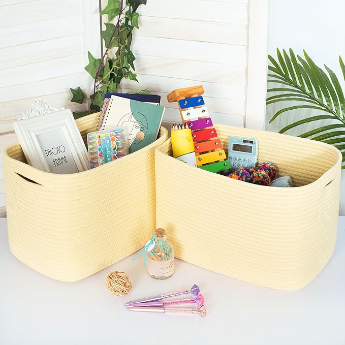 MINTWOOD Design 3-Pack Decorative Woven Storage Baskets for Shelves, Cube Bin Box for Organizing Books, Shoes, Dog Toys, Pantry Closet and Living Room Organizer, Yellow