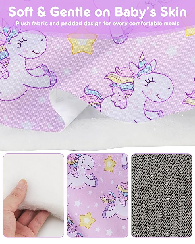 High Chair Cover Portable with 3-Point Harness, Waterproof Baby Seat Cover for Restaurant Travel Home Use, Machine Washable, Fits Wooden Chairs (Purple Unicorn)