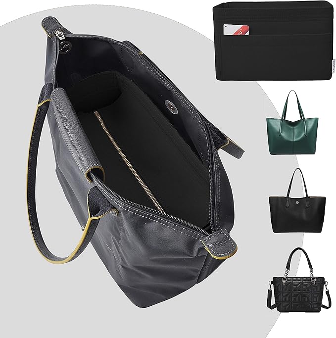Vercord Felt Zipper Handbag Tote Purse Duffel Backpack Organizer Insert Black Small