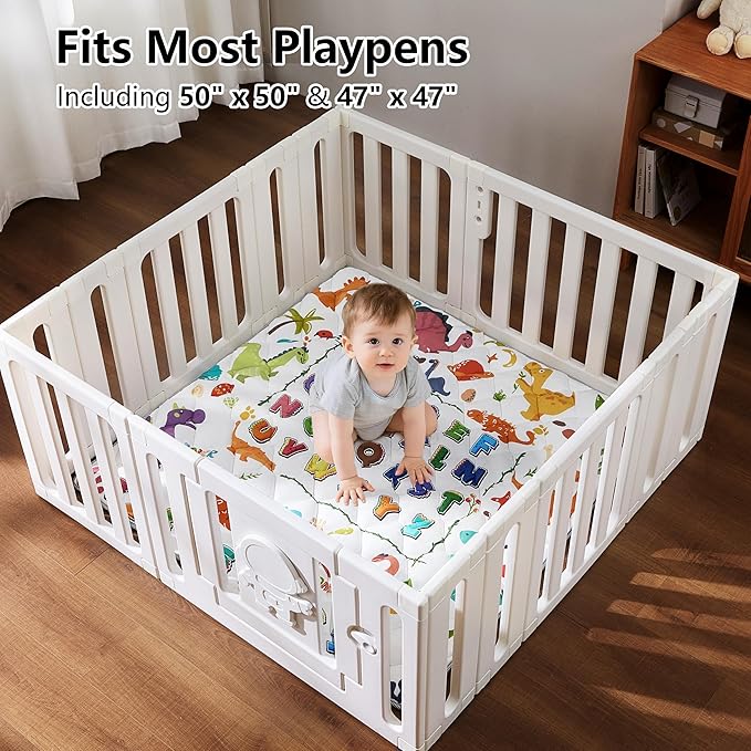 Baby Play Mat for Floor - MORAIS 50x50 Inch with 800g Cotton Filling Thickened Crawling Mat for Playpen, Cushioned Playpen Mat with Anti-Slip Bottom and Animal Alphabet (Dinosaur Land)