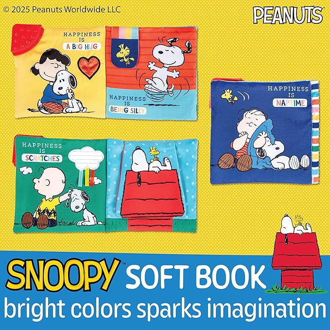 Kids Preferred Peanuts Snoopy Baby Stuff Fun Crinkle Book with On The Go Travel Clip Teether Soft Sensory Book for Babies & Toddlers, 5.25x5.25 Inches