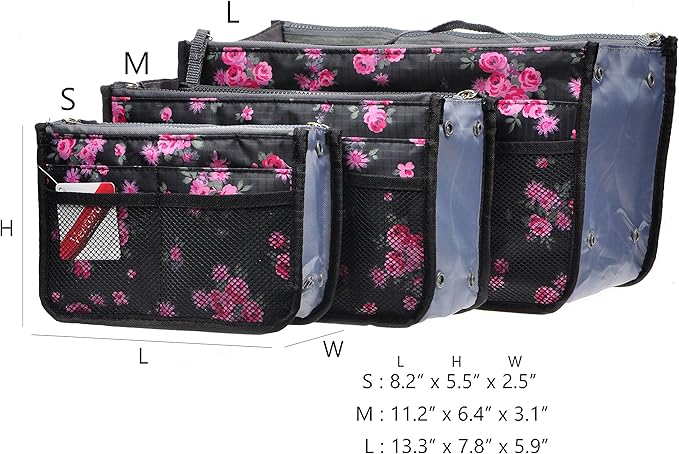 Vercord Purse Organizer Insert for Handbags Bag Organizers Inside Tote Pocketbook Women Nurse Nylon 13 Pockets Black Red Flower Large