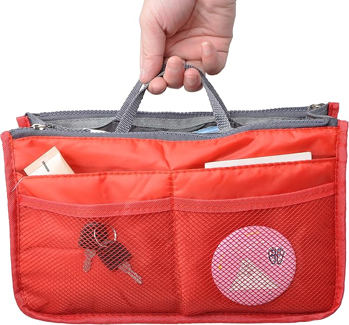 Vercord Purse Organizer Insert for Handbags Bag Organizers Inside Tote Pocketbook Women Nurse Nylon 13 Pockets Red Large